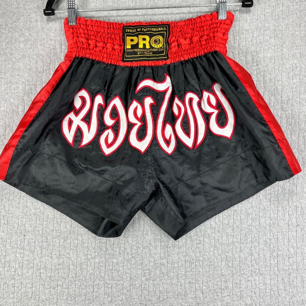 Pro Boxing Equipment Muay Thai Shorts Kids XS Black Red Thai Script Applique